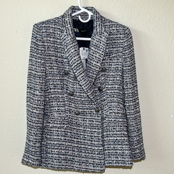 ZARA Double Breasted Blazer Textured Tweed Weave - Picture 6 of 12